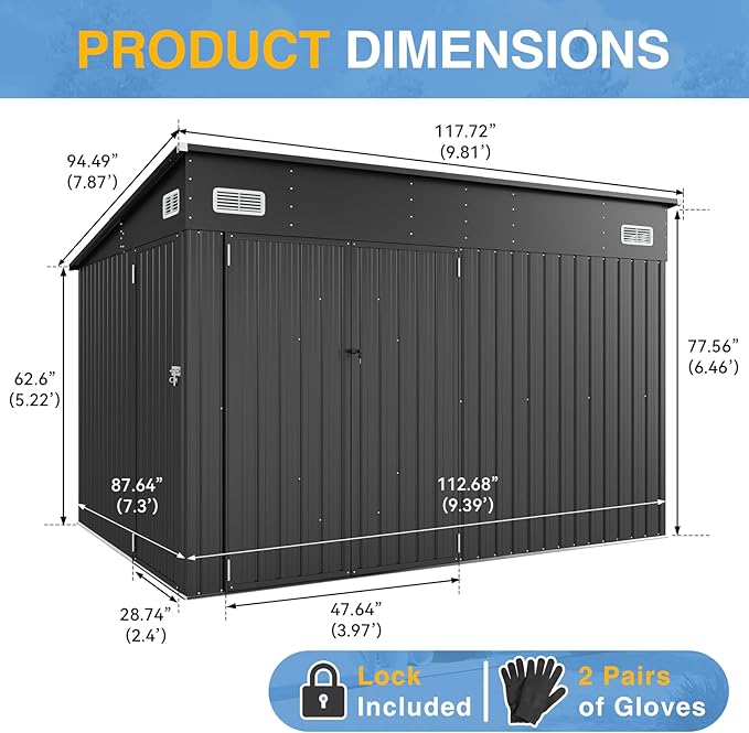 8'x10' Shed Galvanized Steel Storage Sheds with Triple Doors Utility Sheds for Vertical Storage, Dual Lock Lean to Shed with Sloped Roof for Mower, Bike, Garden Tools (Black)