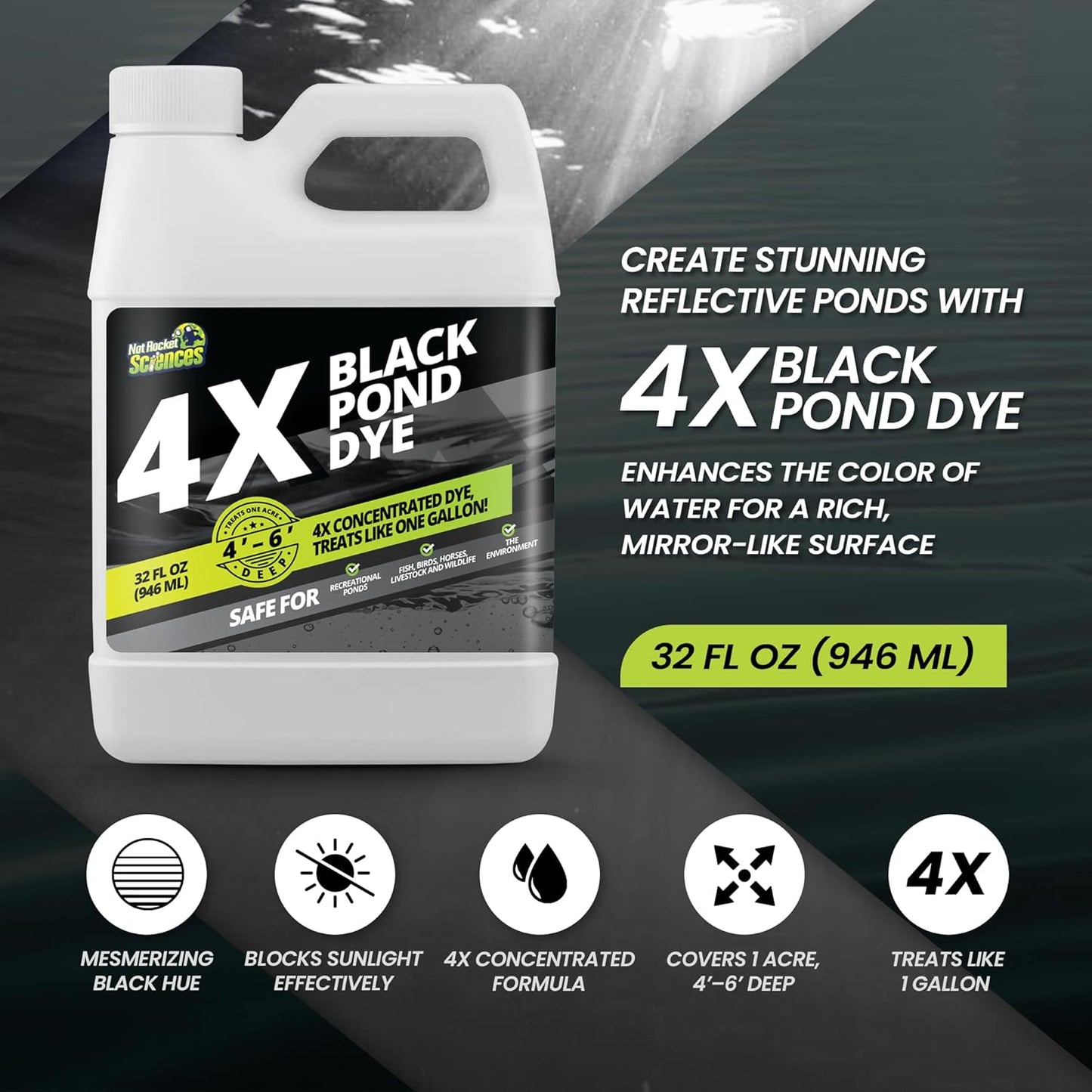 32oz Reflective Black Pond Dye, 4X Concentrate Pond Dye Black, Natural Looking and Long Lasting Liquid Lake Colorant, Protects Against Sunlight - Ideal for Fish, Birds, and Wildlife