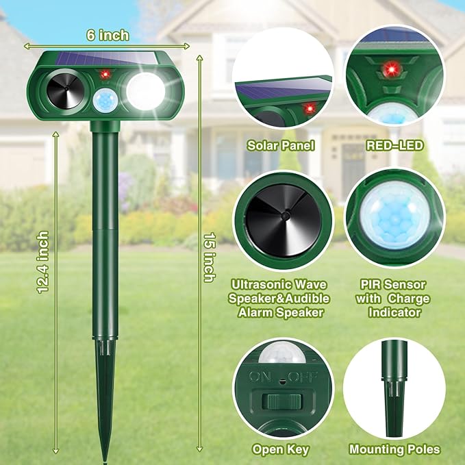 2Pack Solar Ultrasonic Animal Repellent Outdoor Deer Repellent Devices with Motion Detection&Flash Light Squirrel Cat Raccoon Rabbit Dog Deterrent,Keep Rodent Chipmunk Squirrel Away for Yard Garden