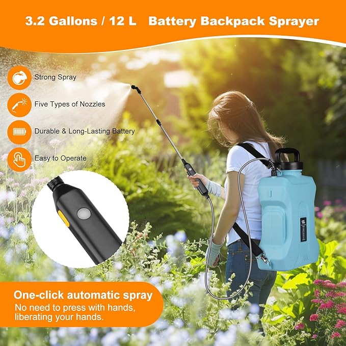 Battery Powered Sprayer 2.1 Gallon, Backpack Sprayer with Retractable Wand & 3 Mist Nozzles & USB Rechargeable Handle, Water Spray Pump Sprayers for Planting Lawn Yard Garden (Blue, 3.2 Gallon)