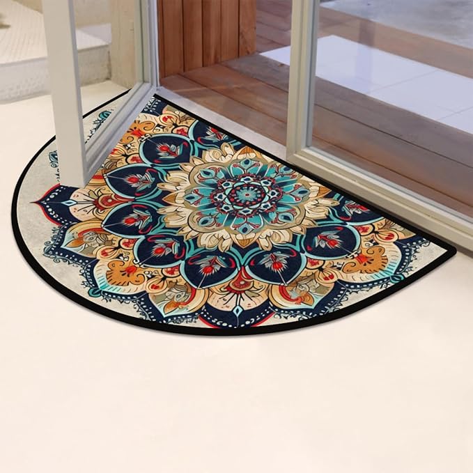 Mandala Half Round Door Mat, European Style Mandala Semicircle Doormats, Non Slip Area Rug Soft Doormat for Front Door Indoor Entrance Wear Resistant Welcome Mat for Garage Patio Home Decor 24 x 36 In