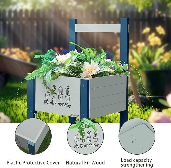 Raised Garden Bed with Trellis Elevated Planter Box with Legs, Drainage Holes for Outdoor Garden, Patio, Natural Wood 17.7”L x 16.1”W x27.6”H (Blue)