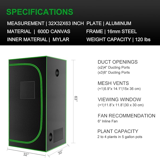 MELONFARM 32"x32"x63'' Grow Tent, High Reflective 600D Diamond Mylar Canvas with Observation Window and Floor Tray for Hydroponic Indoor Plant Growing