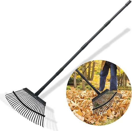 Rake for Leaves Heavy Duty Metal Garden Tools with 64.1 Inch Adjustable Steel Handle 25 Tines Leaf Rakes for Lawns Flower Bed Shrub Camping, Black