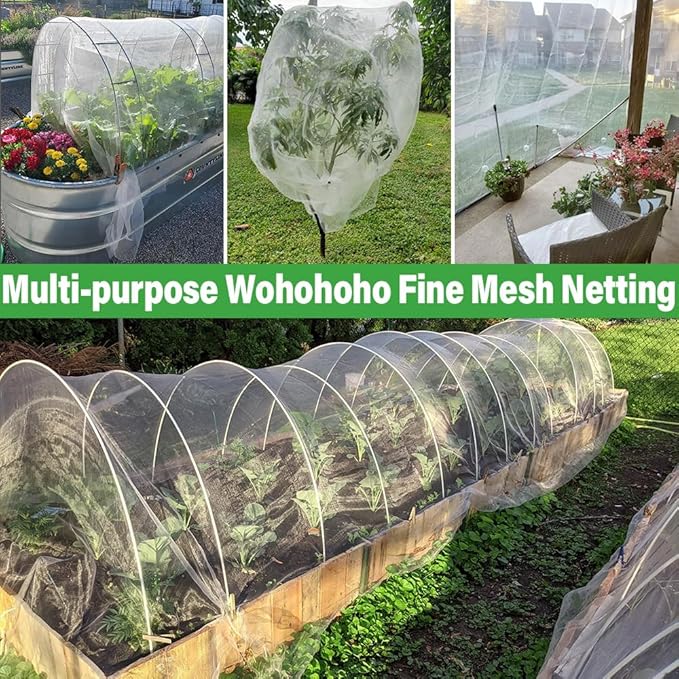Wohohoho Garden Insect Mesh Netting 10ft x 64ft (3m x 20m), 1mm Ultra Fine Plant Covers for Garden Protection. Mosquito Net Pest Barrier for Vegetables Fruits Greenhouse Row Cover Raised Bed Barrier