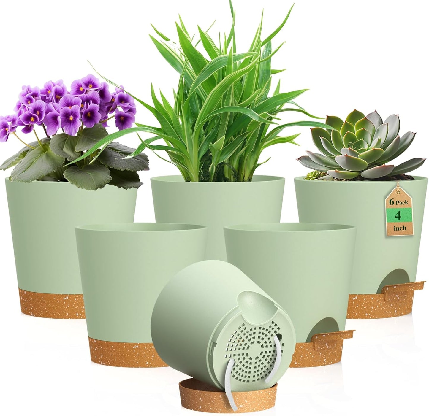 4 inch Self Watering Pots for Indoor Outdoor Plants, 6 Pack Plastic Flower Planters with Drainage Holes and Removable Saucers, Plant Pots with Wicking Rope, Modern Decor, Green Brown