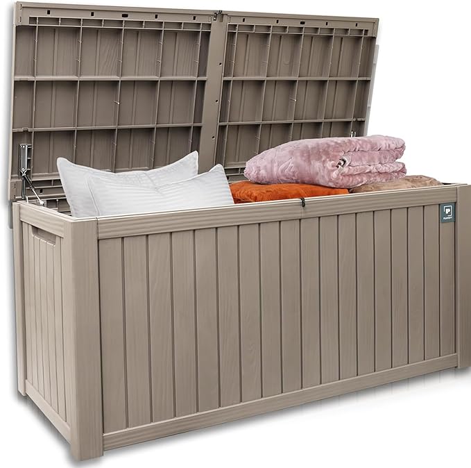 Outdoor Storage Box, 180 Gallon Deck Boxes Outdoor Waterproof, Resin Waterproof Deck Box for Patio Furniture Outdoor Cushions Garden Tools and Pool Storage (Light Brown,180 Gallon-)