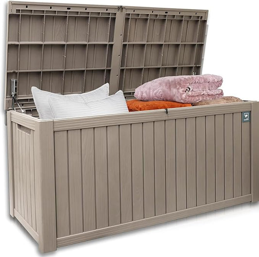 Outdoor Storage Box, 180 Gallon Deck Boxes Outdoor Waterproof, Resin Waterproof Deck Box for Patio Furniture Outdoor Cushions Garden Tools and Pool Storage (Light Brown,180 Gallon-)