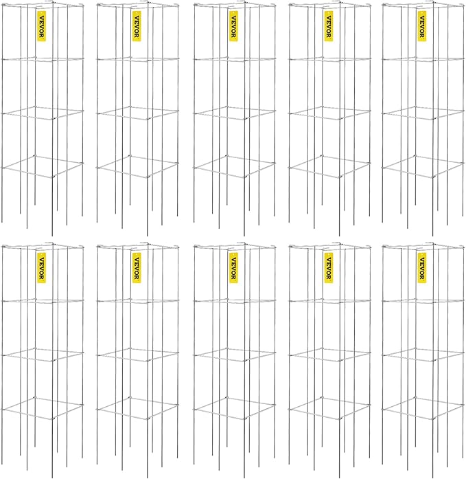 VEVOR Tomato Cages, 11.8" x 11.8" x 46.1", 10 Packs Square Plant Support Cages, Silver PVC-Coated Steel Tomato Towers for Climbing Vegetables, Plants, Flowers, Fruits