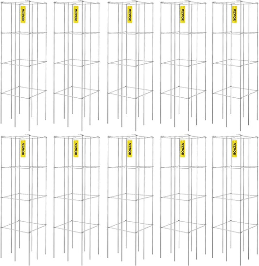 VEVOR Tomato Cages, 11.8" x 11.8" x 46.1", 10 Packs Square Plant Support Cages, Silver PVC-Coated Steel Tomato Towers for Climbing Vegetables, Plants, Flowers, Fruits