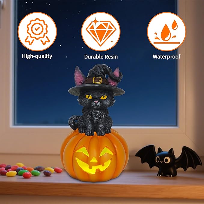 Halloween Cat Decorations in Pumpkin: 6.1'' Indoor Ornament with Witch Hat for Home Office Fireplace Party Ideal Gift for Cat Lovers (Male)