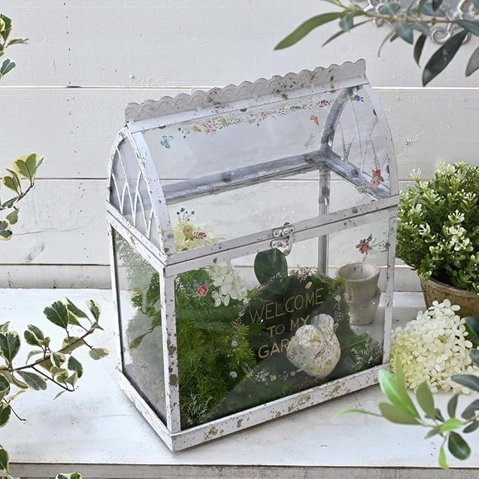 Vintage Large Plant Terrarium Distressed Glass Greenhouse with Lid Indoor Tabletop Planter House Shape Container Display Box for Orchid Succulent Fern Moss Cacti Window Gardern Decor Gift