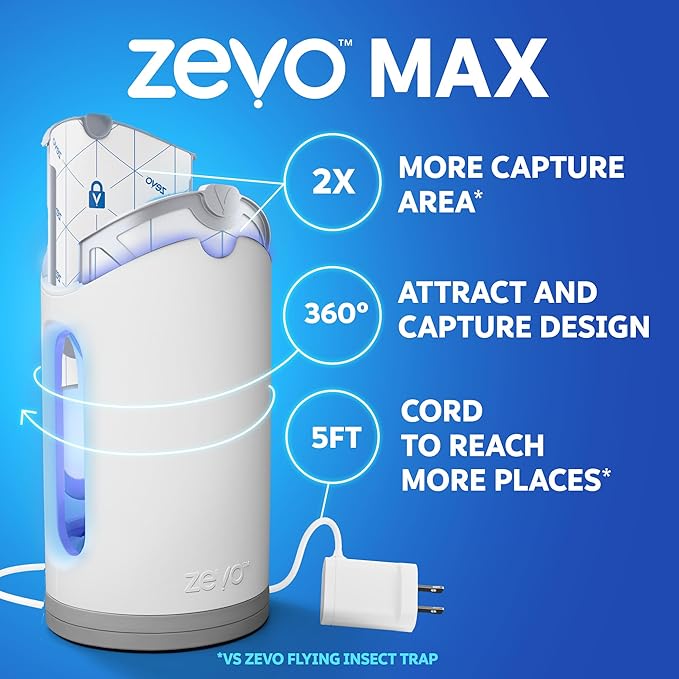 Zevo MAX Bug Catcher & Fly Trap for Indoors - Flying Insect Trap for Gnats, House & Fruit Flies - Use in Any Room - No-Mess Disposal (2 Plug in Bases & 4 Cartridges)