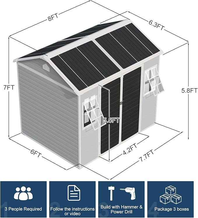 8x6 FT Resin Storage Sheds with Floor and Adjustable Openable Windows, Large Waterproof Garden Sheds with Base, Outside Plastic Sheds with 2 Windows for Backyard Garden Patio Lawn Tools Storage, Gray