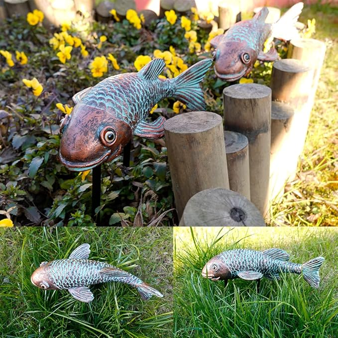 Set of 2 Antique Koi Fish Statue, Outdoor Garden Sculpture for Patio, Backyard, Pond, and Home Decor