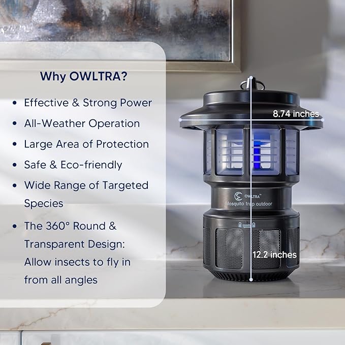 OMT-L20 Indoor & Outdoor Electric Insect Trap, Catcher & Killer Lamp for Mosquitoes, Biting Flies, Wasps, Moths, Sink Bugs, No-See-Ums and More with Light Attraction and Fan Suction, Gray