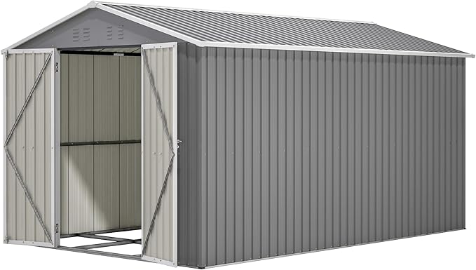 8×12 FT Storage Shed with 1 Lockable Door and Vents,Metal Aluminum Waterproof Tool Sheds,Heavy-Duty Sheds Unit W/Floor Frame,Lock & Key,Garden Shed for Storing Bicycles,Barbeques,Gray