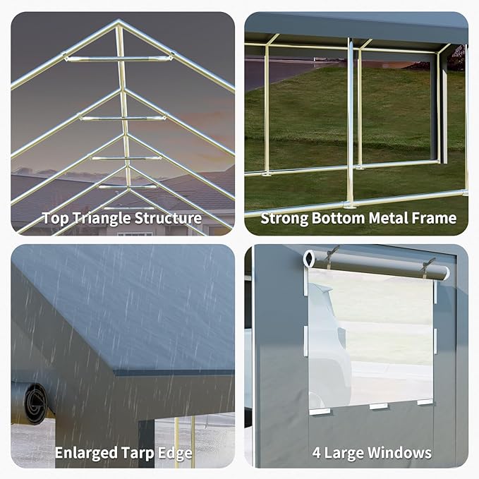 Carport - Upgraded 13x26 FT Oversized Heavy Duty Car Tent Storge Shelter Garage with Zipper Vents & Doors, Tarp Thicken Car Canopy with Reinforced Steel Poles Car Port for SUV, Boats