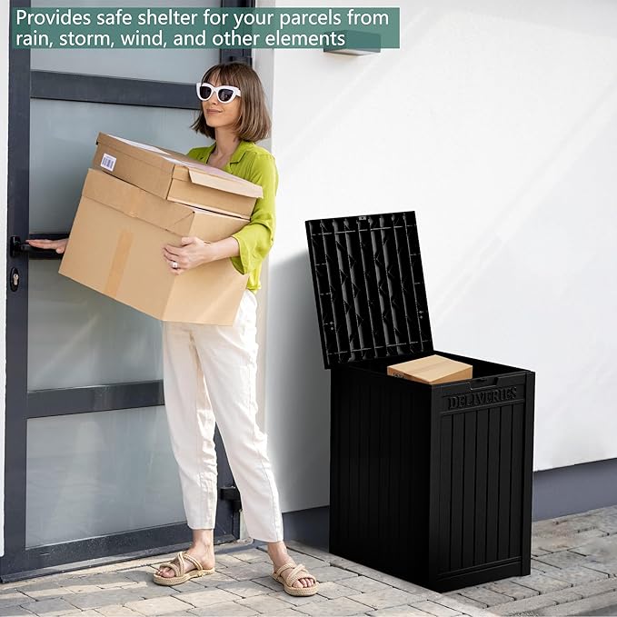 55 Gallon Black Resin Deck Box - Lockable, Waterproof Outdoor Storage for Packages & Patio Essentials - Rustproof Utility Box with Handles for Porches, Pools & Backyards