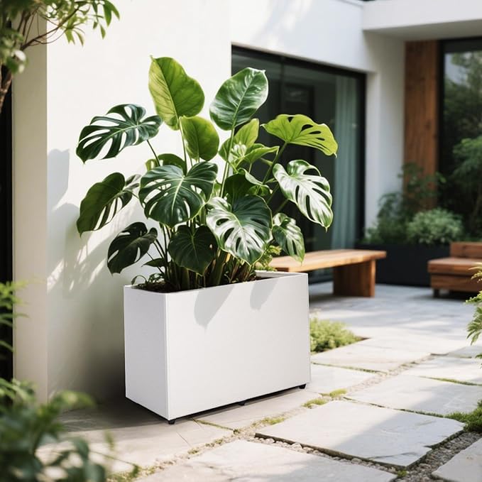 2 Pack Planter Box Rectangular Block - 24×16×12IN Galvanized Steel Long Box Planter Easy Installation Modern Outdoor Tall Planters All-Weather Use with Drainage Holes for Patio/Porch(White)