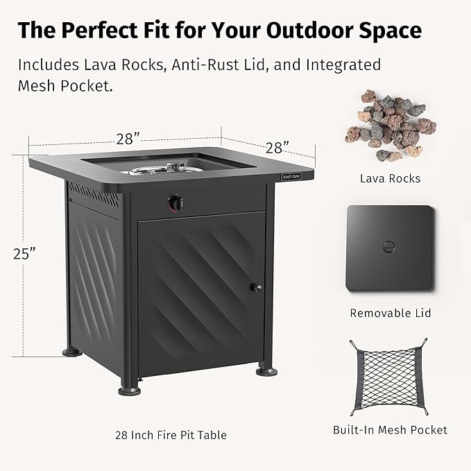 EAST OAK 28” Outdoor Propane Fire Pit Table | 52,000 BTU Gas Fire Pit for Outside with Easy-Hook Lid, Mesh Pocket & Lava Rocks | CSA Certified | Ideal for Patio, Garden & Backyard | Black