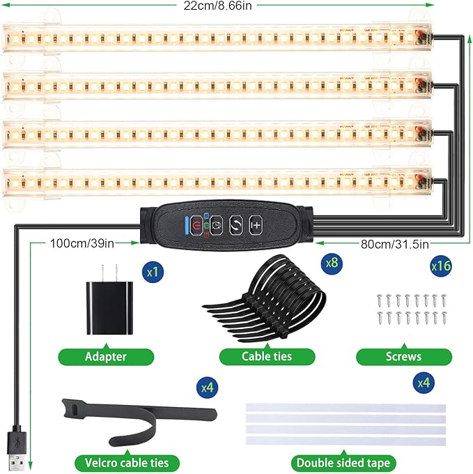 Four Head 8.6 Inches LED Grow Light Strips, Grow Lights for Indoor Plants Full Spectrum 3000K, 104 LEDs Plant Light with 10 Dimmable Levels, 3/9/12H Timer for Seedling Succulent and Plant Shelf