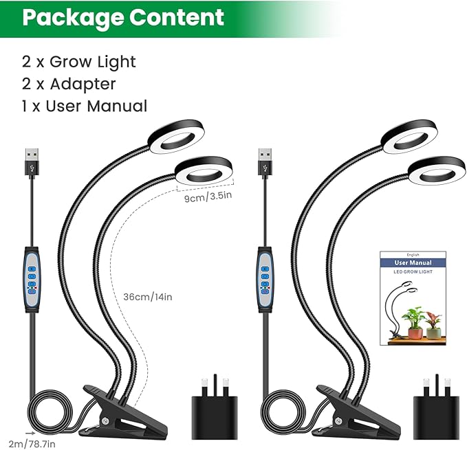 Plant Lights for indoor Growing, 2 in 1 Halo Grow Light with Clip,192 LED Full Spectrum Clip On Plant Grow Lights with 360°gooseneck,3 Spectrum Modes, 6/12/16Hrs Auto Time&5 Brightness,2 Pack