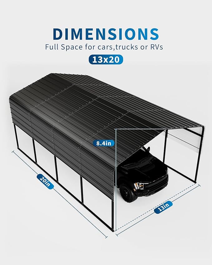 Metal Carport, Outdoor Car Port Canopy with Reinforced Base and Galvanized Steel Roof, Heavy Duty Garage Car Shelter Shade for SUV, Truck, Boats, 13x20 FT