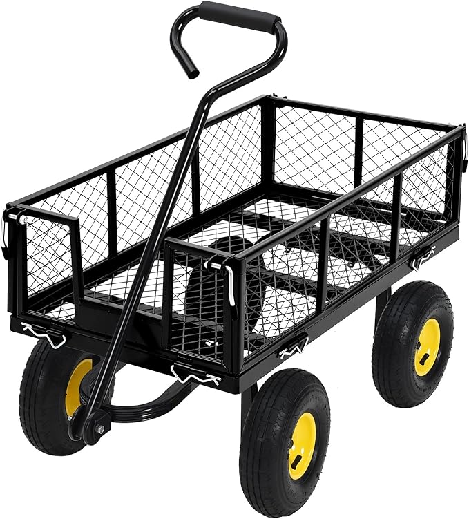 Steel Garden Cart, 550 LBS Heavy Duty Metal Garden Wagon with 10" Wheels, Metal Push Wagon with 180° Rotating Handle and Removable Sides for Farm, Yard