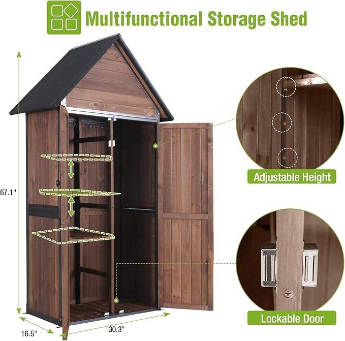 GUTINNEEN Outdoor Storage Shed with All Around Strong Metal Frame, Garden Tool Sheds Cabinet with Floor & Adjustable Shelves, Wooden Tool House for Backyard Garden Patio Lawn (Dark Brown)