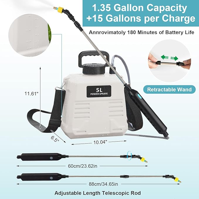 Battery Powered Sprayer 1.35 Gallon, Upgraded Electric Garden Sprayer with 3 Nozzles & 4 Spray Modes,Rechargeable Handle, Retractable Wand and Adjustable Shoulder Strap for Weed Killer, Lawn, Yard