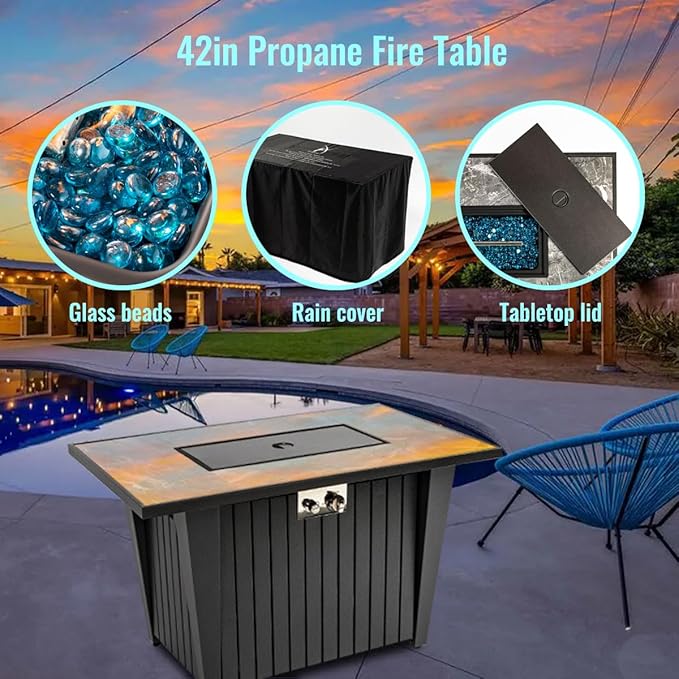 42'' Propane Fire Pit Table, Marble Tile Ceramic Tabletop with Glass Wind Guard, 50,000 BTU Fire Table, Inclined Leg and Art Powder Design, Blue Glass Rocks, Including Lid&Cover
