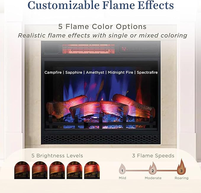 Country Living Belhaven 74 Inch Bookcase Mantel Package | 23 Inch Electric Fireplace Insert Heater with Remote | Warm Walnut Shelving | Marble or White Trim | Multi-Color Flames