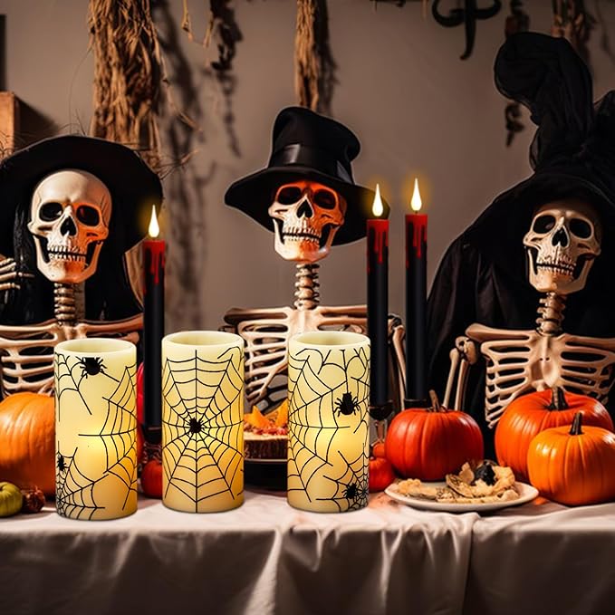DRomance Flameless Candles Battery Operated with Timer, Set of 3 Spider Cobweb Decals Yellow Light Real Wax LED Flickering Pillar Candles Dinner Tabletop Halloween Home Decoration (3" x 6")