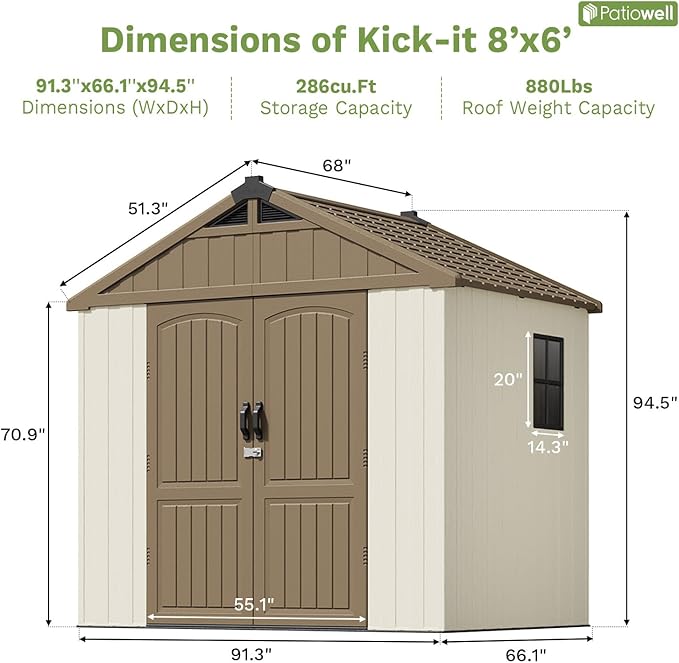 Patiowell 8 x 6 FT Plastic Outdoor Storage Shed with Floor, Resin Shed with Window and Lockable Door for Garden, Backyard, Tool Storage Use, Easy to Install in Brown (Kick-it Shed)