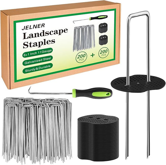 Garden Stakes,6 Inch 11 Gauge 200pcs Galvanized Landscape Staples and 200pcs Gaskets +1Pick Hook, Tent Stakes Landscaping Fabric SOD Pins for Weed Fabric Barrier,Groud Cover,Fence