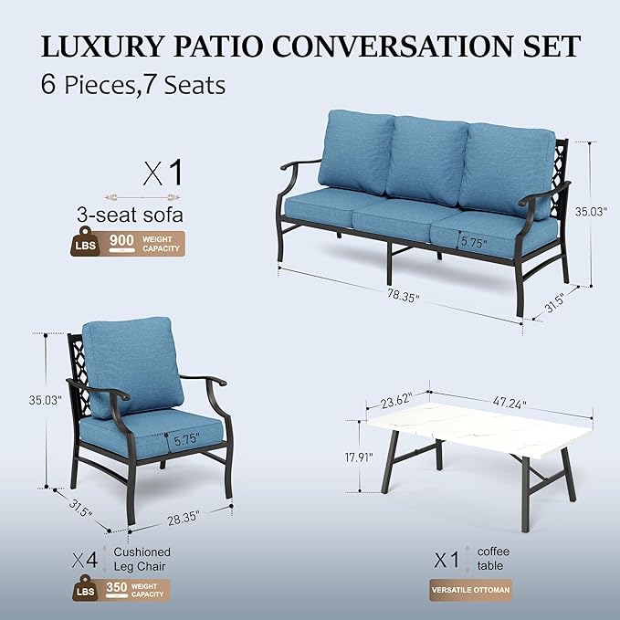 HERA'S HOUSE 6 Piece Patio Furniture Set, 4 x Fixed Metal Cushioned Chair, 1 x 3-Seat Sofa with Marbling Coffee Table, All Weather Outdoor Conversation Set for Lawn Garden Backyard, Navy Blue