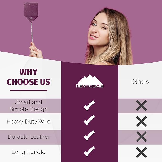 Fly Swatter Heavy Duty Vegan Leather, 21" Thicker Extra Long Sturdy Metal Woven Wire Handle, Manual Large Flies Killer Swatters Insect Smasher Bug Bee Wasp for Indoor and Outdoor (1 Pack, Purple)