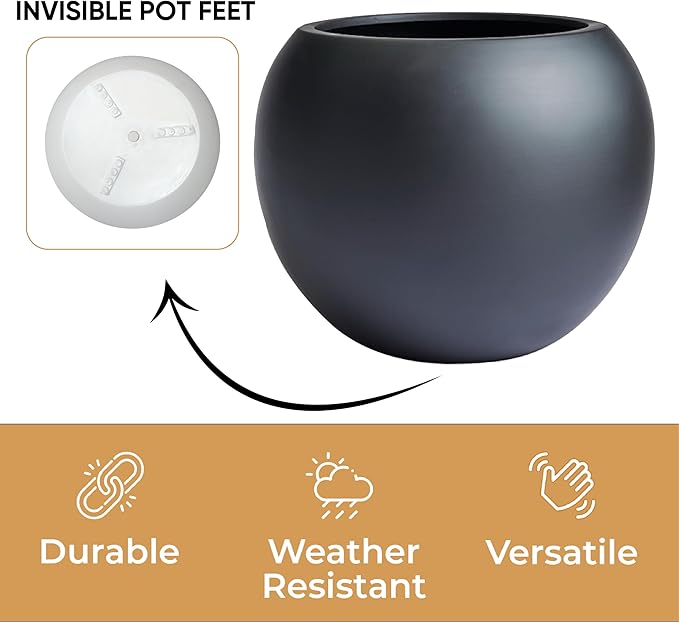 9.7" H x 12" D Globo Fiberstone Round Planter with Drainage Hole, Weather Resistant, Smooth Finish, Planters for Indoor Plants & Outdoor, 2 Extra Coco Mats (Black, 7.8" Pot Opening)