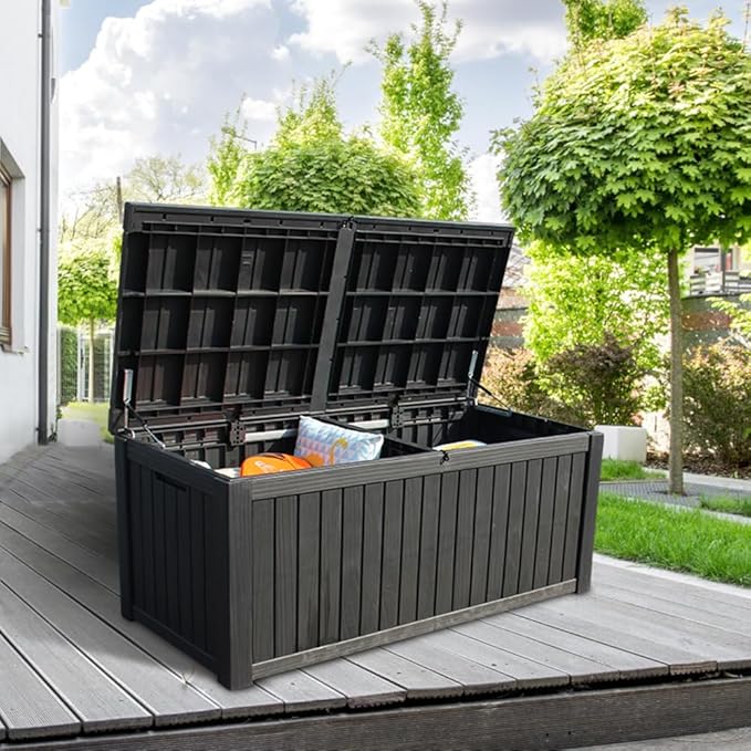 BTEXPERT 150 Gallon Large Resin Deck Box, Outdoor Storage Container with Metal Rods & Partition for Patio Furniture Cushions Garden Tools Equipment Waterproof Lockable UV Resistant