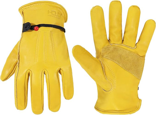 HANDLANDY Men Leather Gardening Gloves, Utility Work Gloves for Mechanics, Construction, Driver