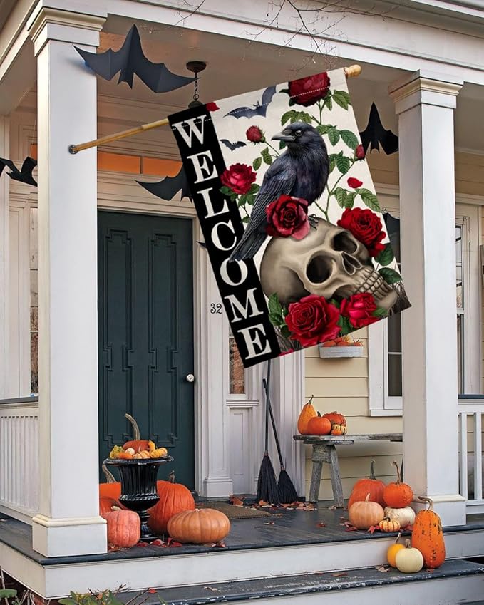 BLKWHT Halloween Skull Rose House Flag 28x40 Vertical Double Sided Black Crow Bat Welcome Fall Holiday Outside Decorations Burlap Yard Flag BW838-40