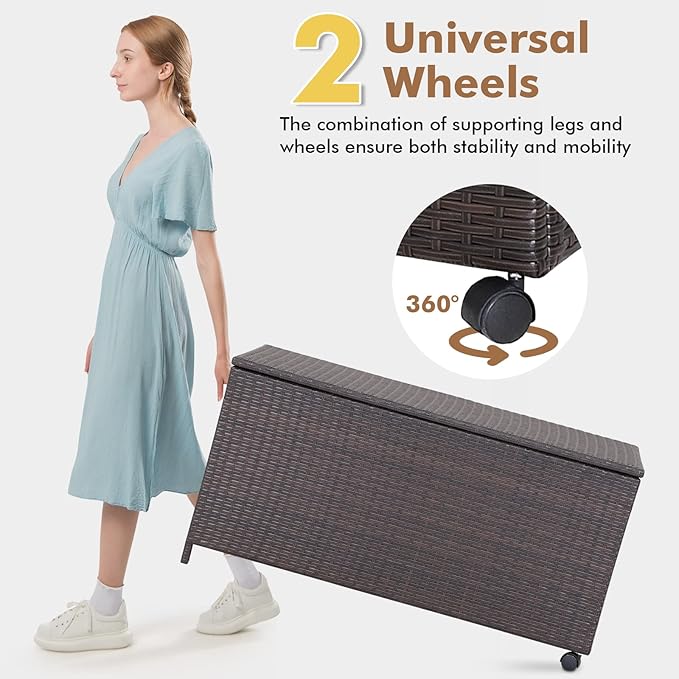 Tangkula 50 Gallon Wicker Deck Storage Box, Patio Rattan Storage Container with 2 Universal Wheels, Safety Pneumatic Rod, Zippered Liner, Sturdy Steel Frame, Ideal for Backyard, Poolside