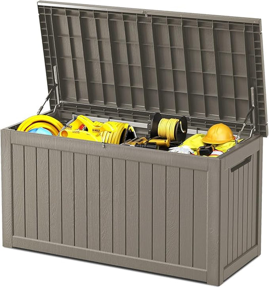 270 Gallon Deck Box, Resin Outdoor Indoor Waterproof Storage Box, Lockable Storage Box With Handle for Patio Furniture - Garden Tools - Swimming Pool Tools UV-Resistant, Brown