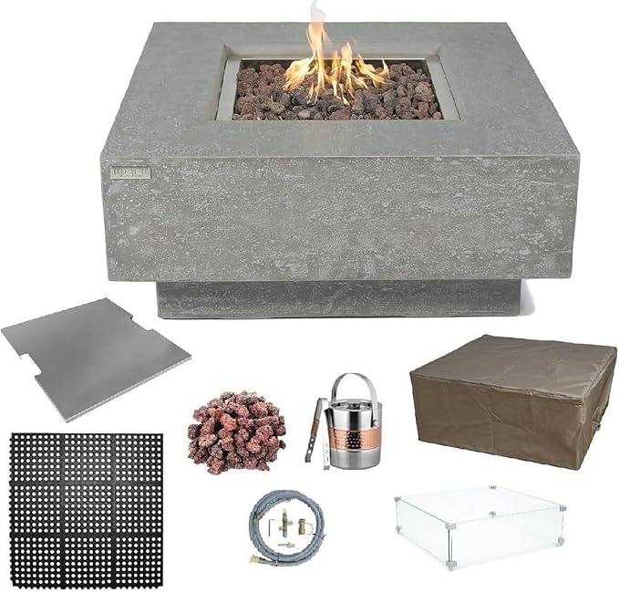 Elementi Manhattan Gas Fire Pit Bundle Concrete Fire Table, Outdoor Fire Pit Electronic Ignition | Canvas Cover, Lava Rock Included | Free AMS Wind Guard | Light Gray (Natural Gas)