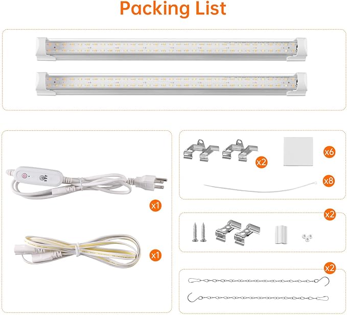 T8 Grow Light, 1.4FT 36W (2 x 18W) Plant Lights for Indoor Growing with Timer, Full Spectrum with 660nm Red LEDs, 3467K, Ideal for Indoor Plants, Greenhouse, Seeding, Linkable Design, 2-Pack