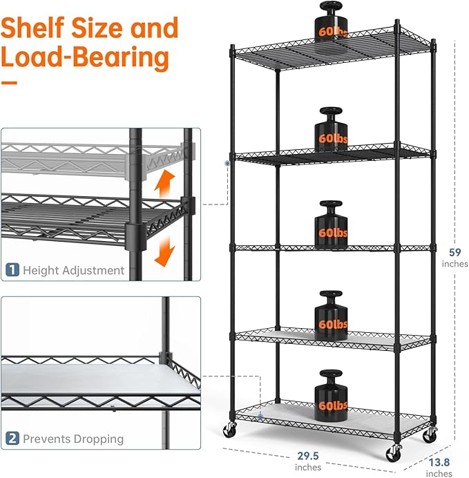 Plant Shelf with Grow Lights, 5-Tier Plant Stand with T8 24W Grow Light for Indoor Plants with Wheel, 5000K Full Spectrum LED Plant Light with Timer for Seedling, Seed Starting, 29.5x13.8x59IN