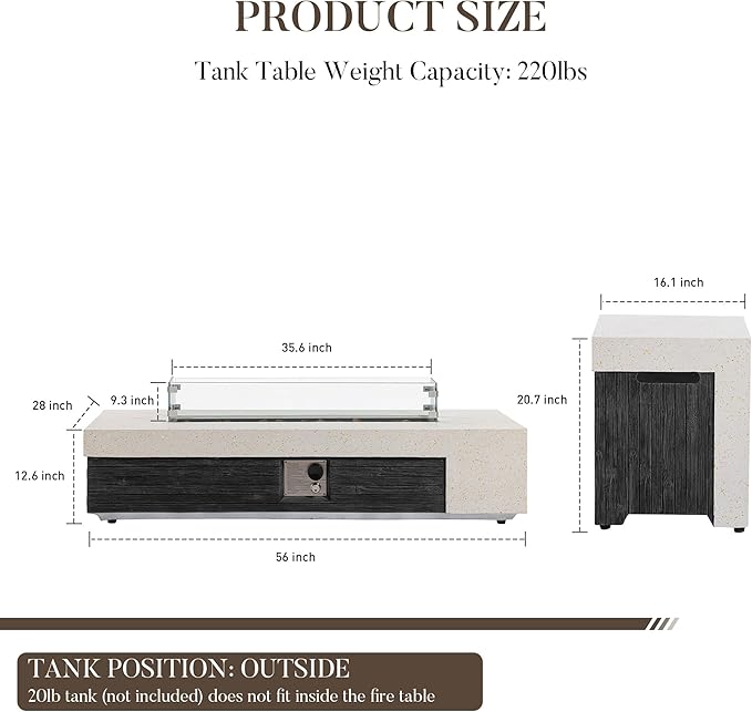COSIEST 56" Outdoor Propane Fire Pit Table w Tank Cover & Wind Guard, Rectangle Gas Fire Pit Table with Concrete & Wood Grain Design, 50000BTU CSA Certified Fire Tables for Patio, Backyard, Garden