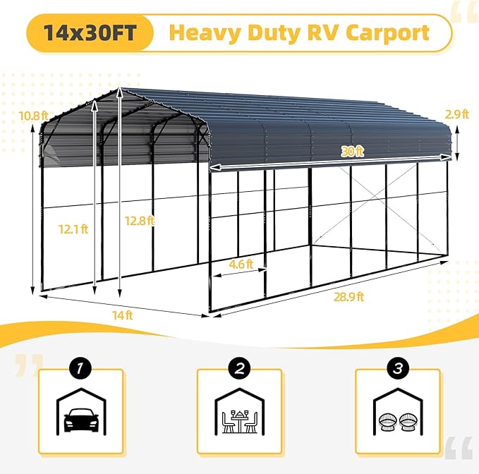 EROMMY 14x30 FT RV Carport, Heavy Duty Car-Port with Reinforced Metal Frame, Weather-Resistant Galvanized Steel Roof Shelters, Outdoor Car-Shed for RV, 2 Vehicles, Truck, Boat and SUV, Gray
