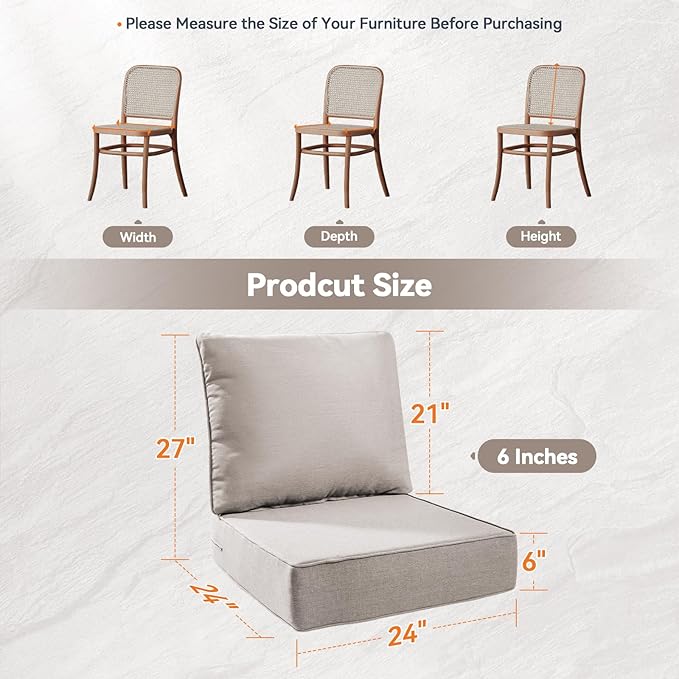 Luxury 6" Outdoor Cushions for Patio Furniture, 24x24x6 Thick Seat Cushion Set, Fade Resistant Couch Chair Replacement Cushions High Density Deep Wicker Chair Cushion with Removable Cover, Beige